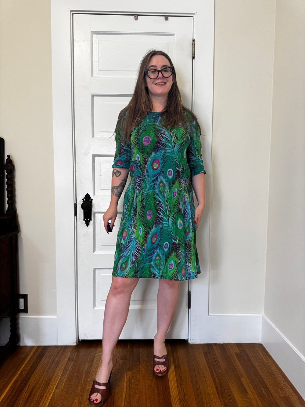 60s Vintage Peacock Print Wiggle Dress Sz L